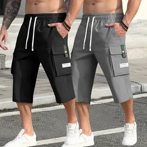 2-Pack Men's Tooling Cropped Pants Summer Waist Drawstring Large Pocket Letter Patch Letter Fashion Casual Sweatpants