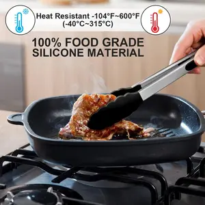 9/12 Inch Kitchen Tongs with Silicone Tips – 2 Pack Locking Stainless Steel Cooking Tongs for BBQ and Daily Kitchen Use, Black