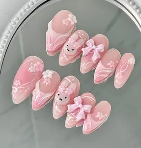 Adorable Pink Bunny Press On Nails with 3D Flowers and Bows, Handmade Kawaii Nail Art