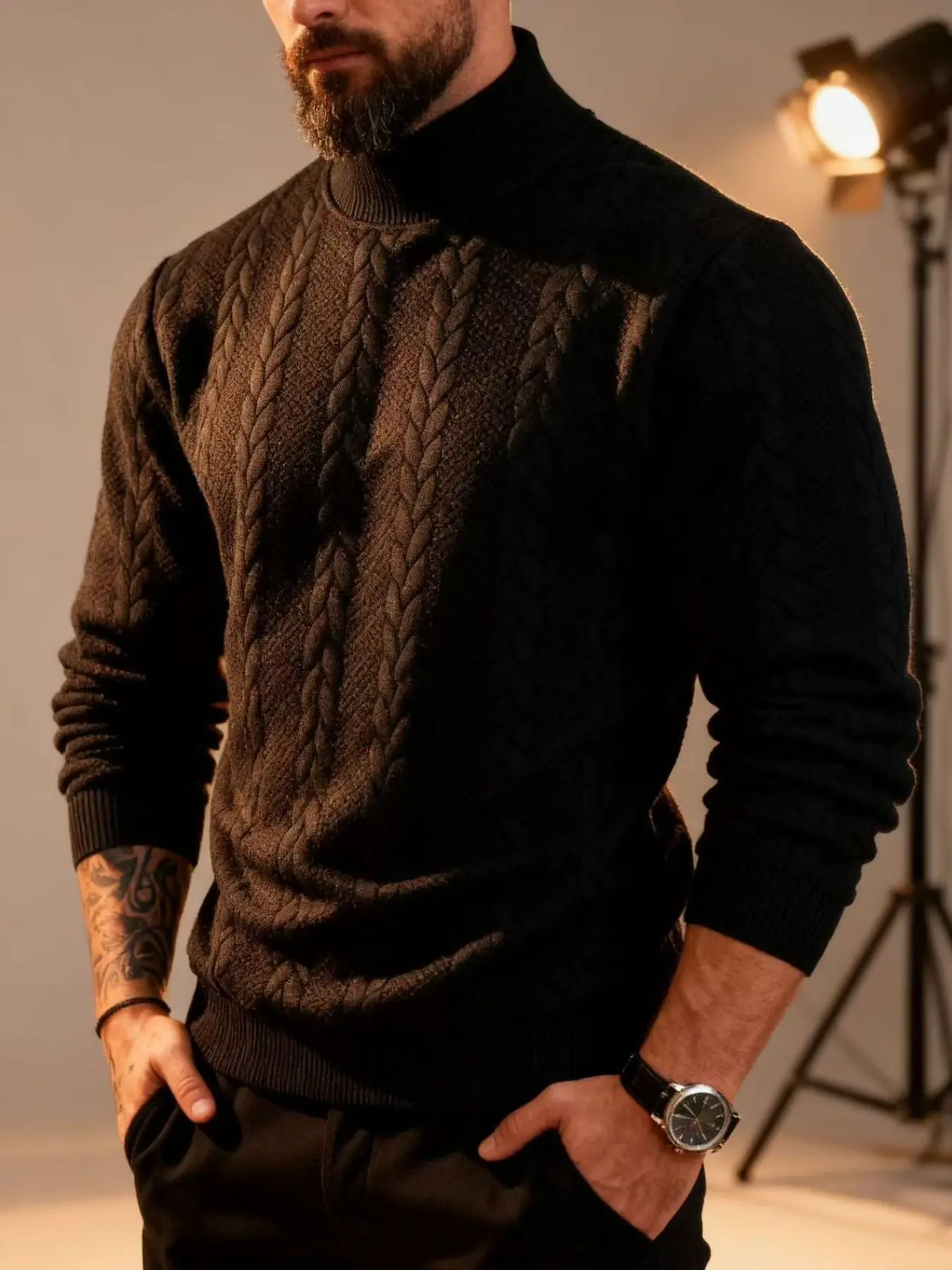 Men's High-Neck Casual Knitwear Sweater, Knitted Sweater, Long Sleeve, Warm Winter Thermal Design, Pure Color Texture Comfortable Daily Wear, Ideal for Cold Weather