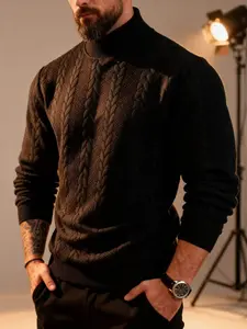 Men's High-Neck Casual Knitwear Sweater, Warm Winter Thermal Design, Pure Color Texture Comfortable Daily Wear, Ideal for Cold Weather