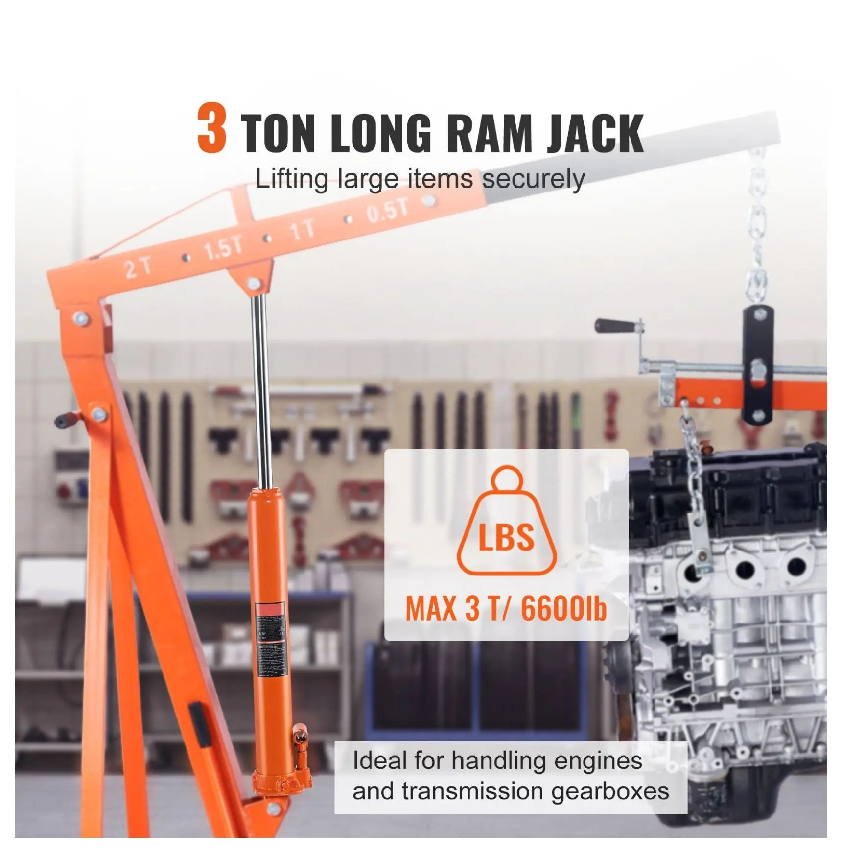 3 Ton Hydraulic Long Ram Jack Engine Hoist Cylinder - 26.2-46 Inch Lift Range - Heavy Duty Steel Hydraulic Jack for Garage, Shop Cranes & Automotive Lifts Default