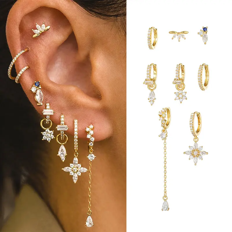 8 pcs Elegant Floral Tassel Drop Earrings Set, Sparkling Zircon Flower Ear Cuffs with S925 Sterling Silver Posts, Dainty Luxury Jewelry for Date Night, Wedding Guest, Vacation Outfit & Everyday Chic