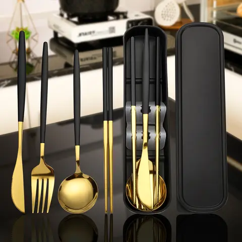 Elegant 4-Piece Gold Stainless Steel Cutlery Set with Storage Box| Reusable Portable Utensils for Travel Camping Office Home| Luxury Household Tableware Gift Set -RR