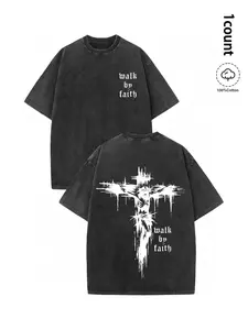 Unisex 100% Cotton Cross & Faith Over Fear Slogan Print Washed Distressed Short Sleeve Tee, Regular Fit Vintage Trendy Casual Round Neck T-shirt for Daily Wear Menswear