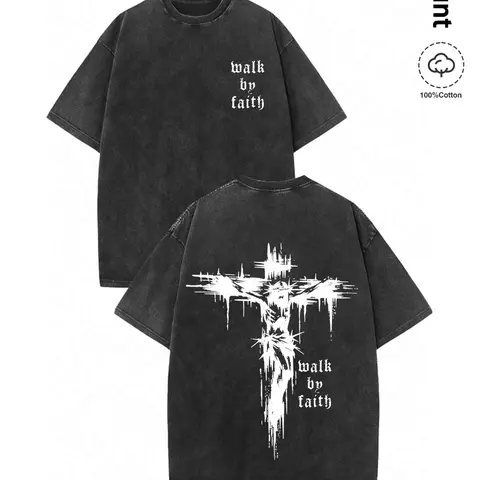 Unisex 100% Cotton Cross & Faith Over Fear Slogan Print Washed Distressed Short Sleeve Tee, Regular Fit Vintage Trendy Casual Round Neck T-Shirt for Daily Wear, Streetwear Essentials Menswear, Casual Basic Tee, Graphic Cotton Tee