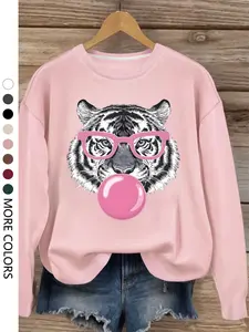 Women's Casual Loose-Fit Knit Pullover Sweater, Tiger Print Long Sleeve Drop Shoulder Design, Comfortable Fashion Top for Spring & Fall, Womenswear