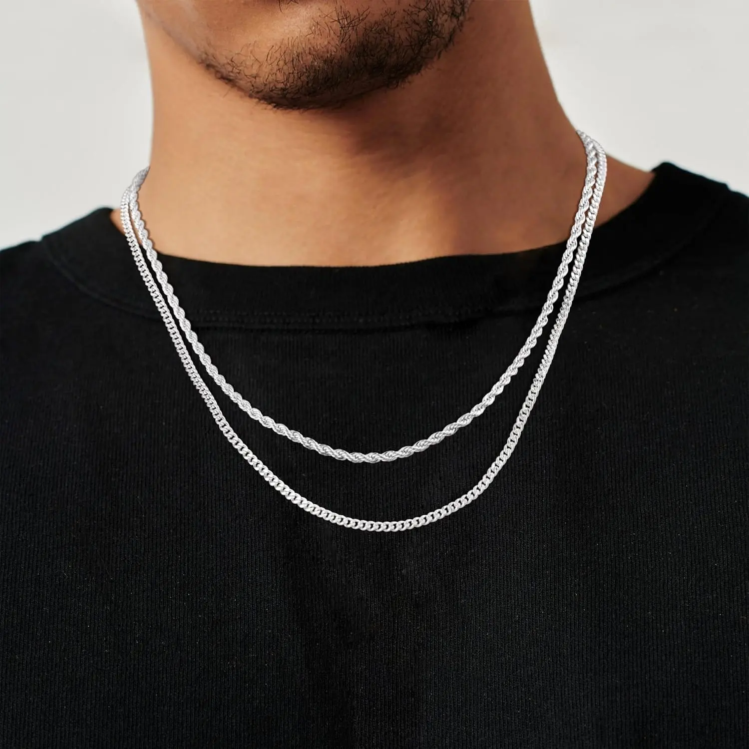 KOPERIN Men's 2Pcs 3mm Chain Necklace Set, Layered Cuban Link Rope & Cuban Style Necklaces, 18-28 Inches Trendy Men's Jewelry Gift for Fashion, Cuban Style Necklace
