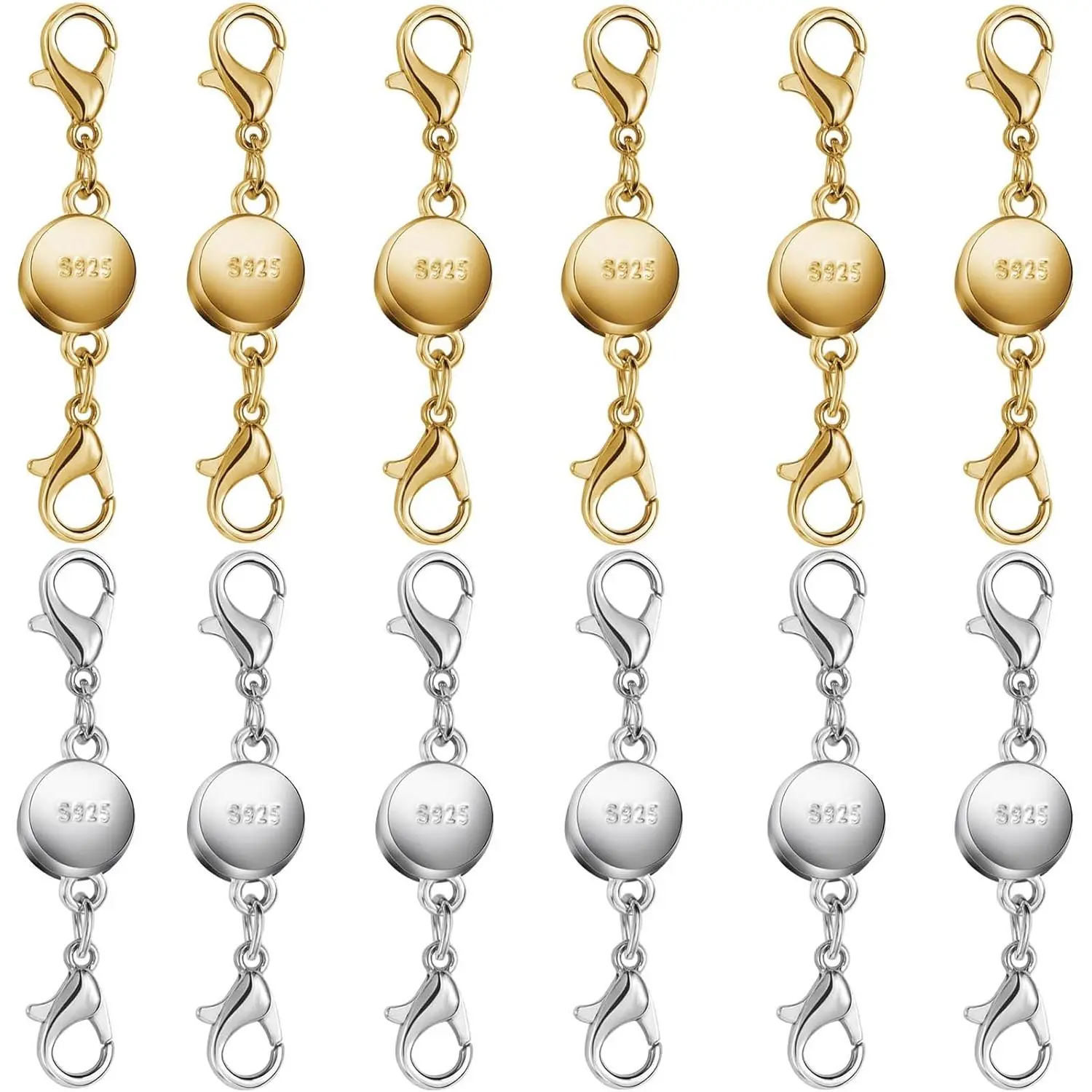 925 Silver and Gold Magnetic Necklace Clasps, Round Necklace Clasp Closures for Jewelry Making,Magnetic Necklace Clasps and Extenders,for Bracelet Necklace and Accessories (12pcs | Gold Silver)