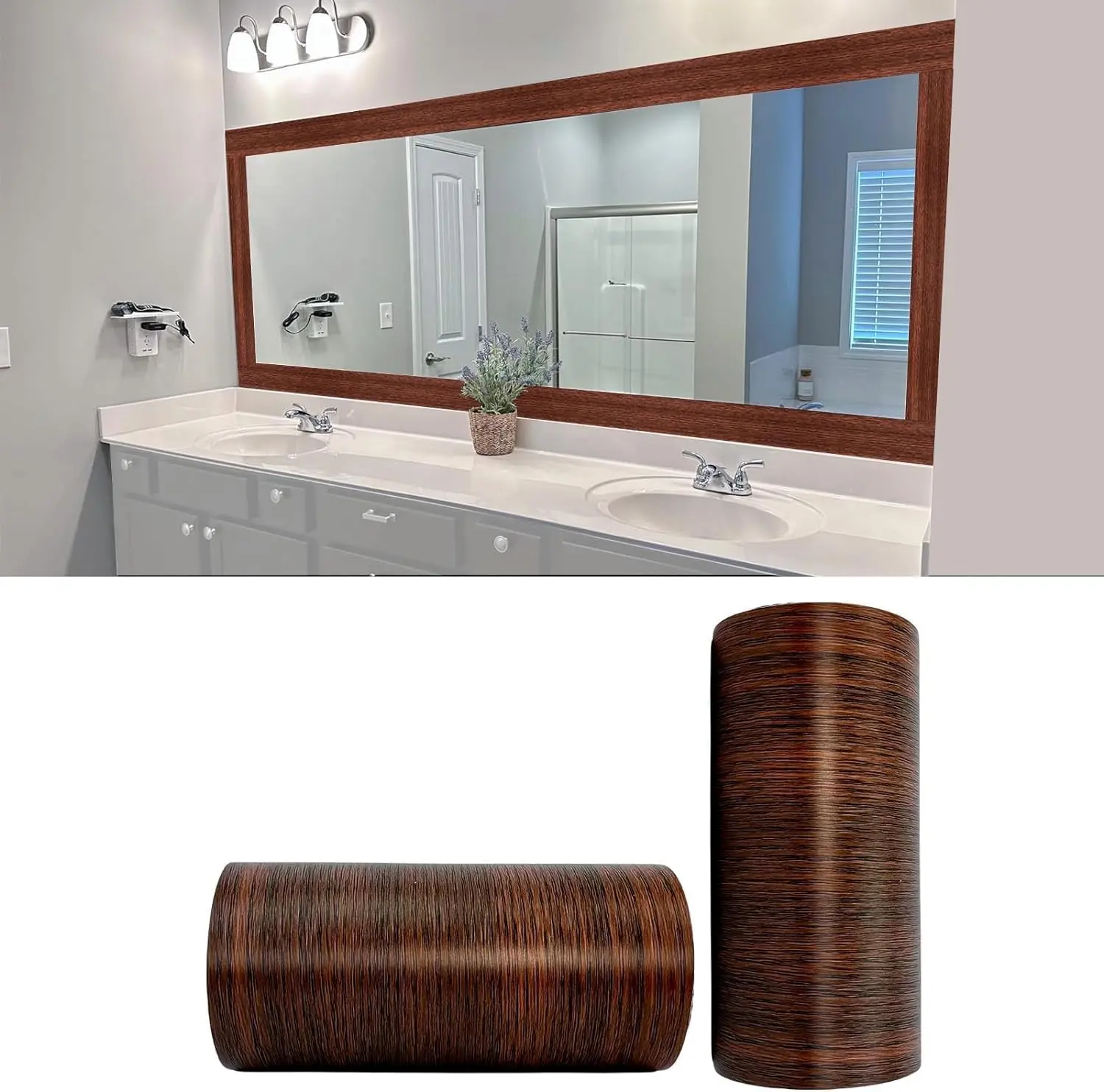 Dark Grey Wood Grain 3D 10M Removable PVC Waterproof Peel and Stick Wallpaper Bathroom Frame Sticker Wall Decor 3.93" x 32.8" (Brown, 4inc)