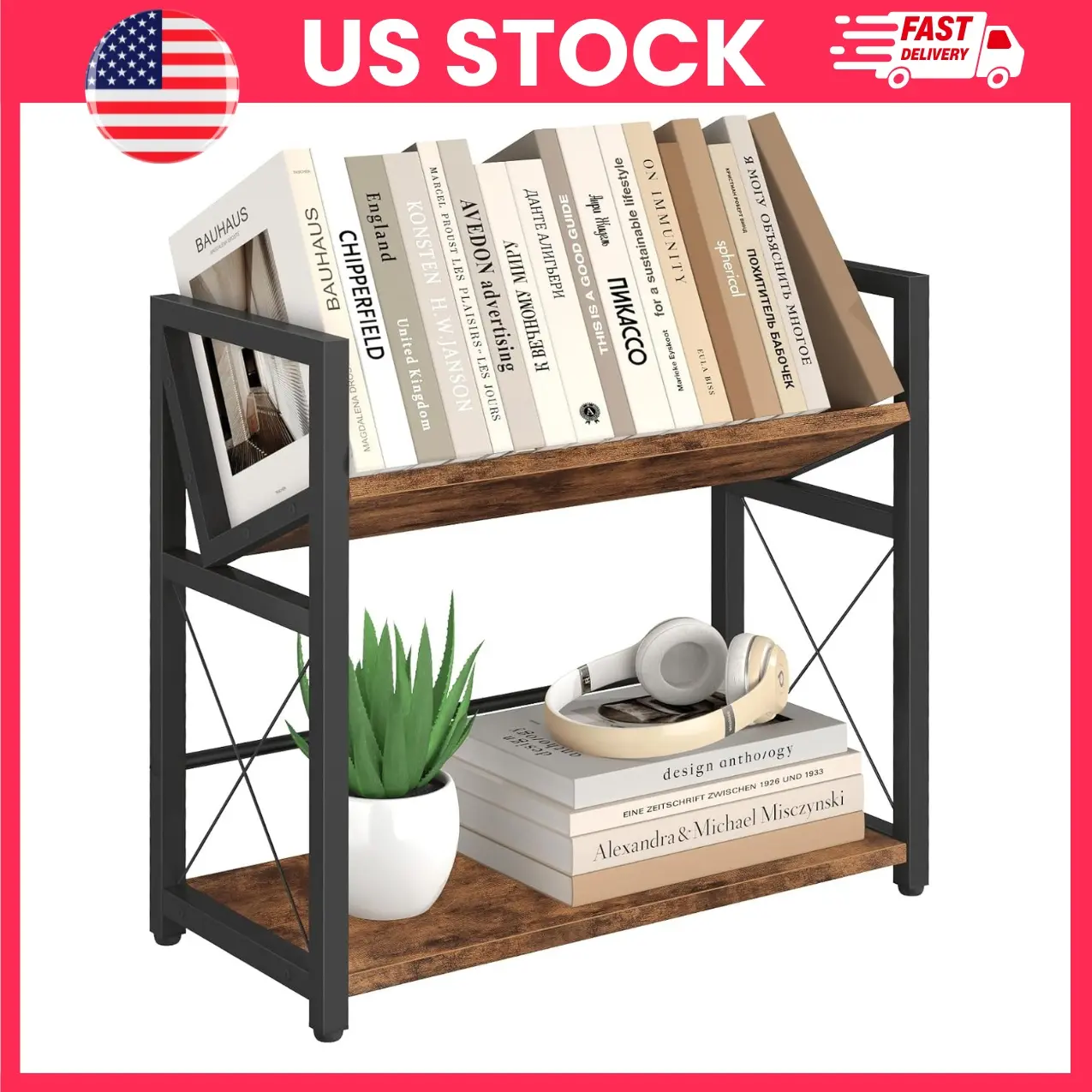 Rustic Brown Desktop Bookshelf, 2 Tier Wooden Desk Shelf Organizer, Small Tabletop Book Rack for Office, Home, Bedroom, Study Room, Space Saving Storage Display Stand, Durable Heavy Duty Wooden Desk Organizer Shelf, Books, Plants, Decor