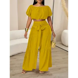 Summer Beach Vacation Style One-Shoulder Puff-Sleeved Ruffled Strapless Crop Top & Wide Leg Pants Set for Summer Clothes Suits Fabric Womenswear