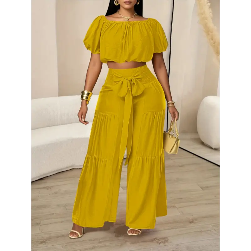 Summer Beach Vacation Style One-Shoulder Puff-Sleeved Ruffled Strapless Crop Top & Wide Leg Pants Set for Summer Clothes Suits Fabric Womenswear