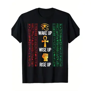 Egyptian Hieroglyphs and Ankh Eye of Horus Pattern T-Shirt, 100% Cotton, Casual Round Neck, Four Seasons Knitted Fabric, Regular Fit, Adult - Black, Casual Wear | Bold and Exaggerated Shirt | Smooth Fabric Classic Cotton Tee Comfort Wear Cotton Menswear C