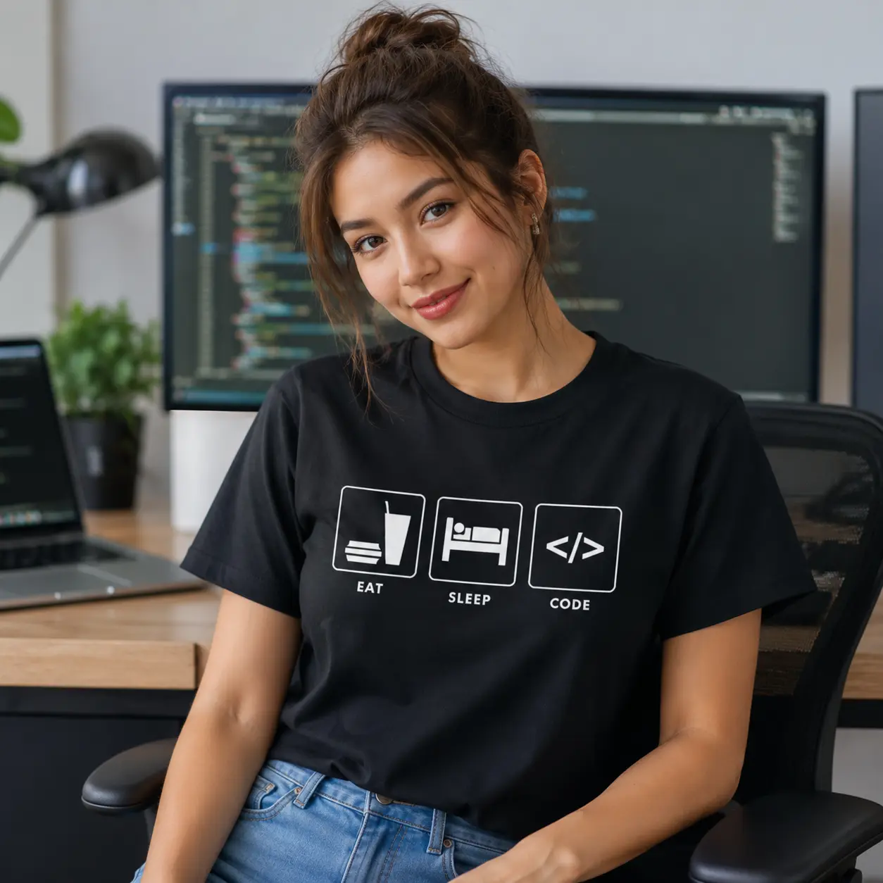 Women’s Eat Sleep Code Graphic Tee, Programmer Humor Shirt, Software Developer T-Shirt, Black Tech Girl Coding Top, Computer Science Student Outfit, Minimal Coder Graphic Shirt, Work From Home Gift for Her