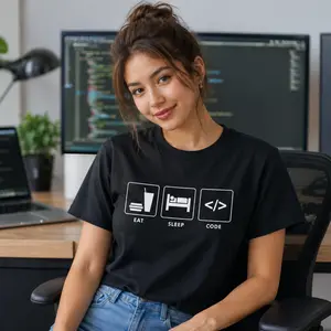 Women’s Eat Sleep Code Graphic Tee, Programmer Humor Shirt, Software Developer T-Shirt, Black Tech Girl Coding Top, Computer Science Student Outfit, Minimal Coder Graphic Shirt, Work From Home Gift for Her