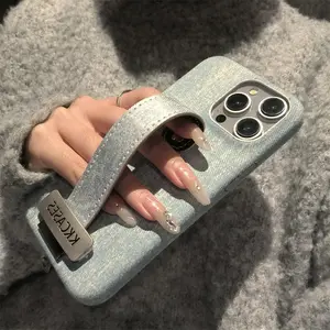 Denim Phone Case with Wrist Strap, Phone Protective Cover, Phone Accessories Compatible with iPhone 13 14 15 16 Pro Max, Casing