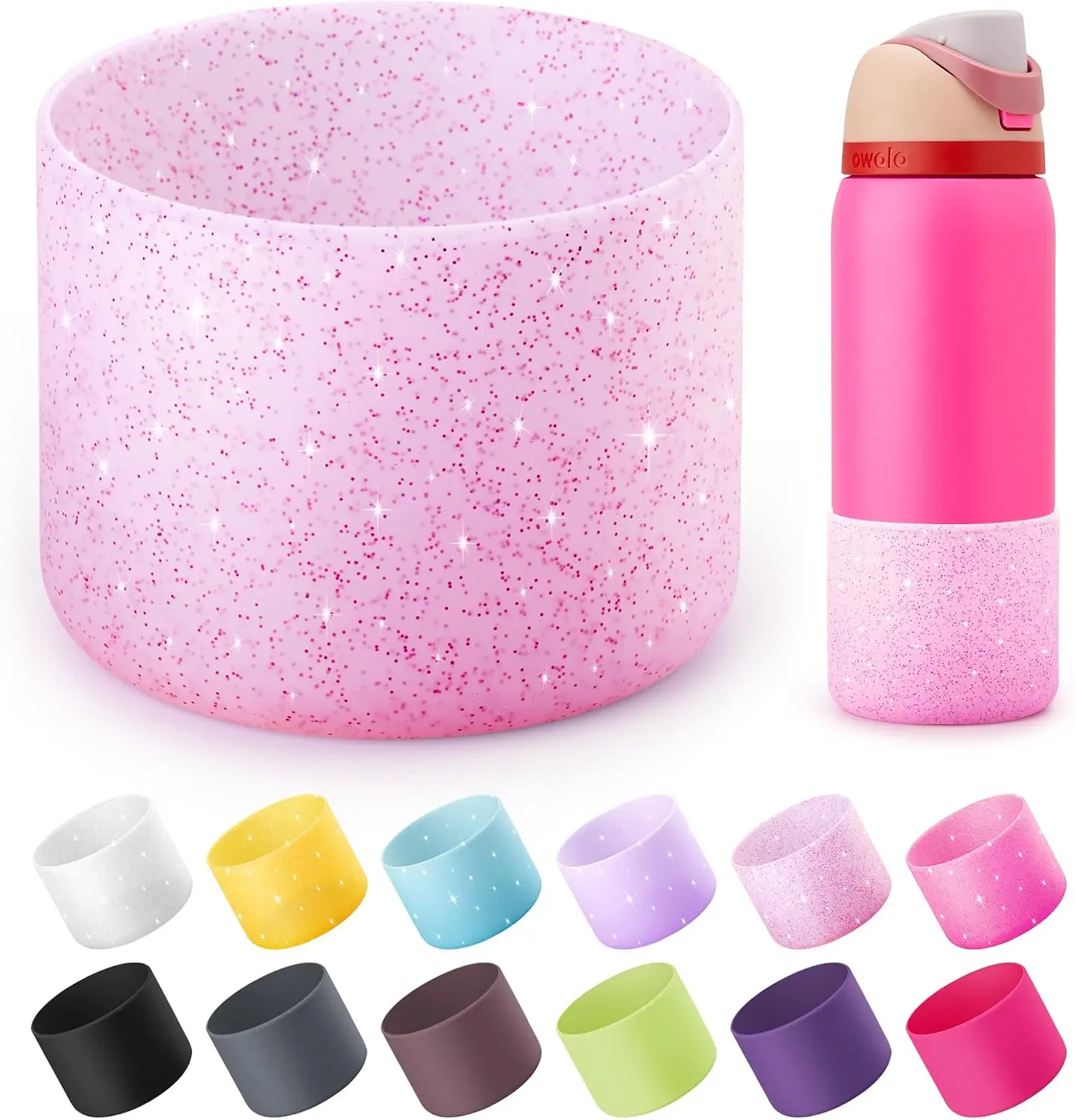 Silicone Water Bottle Boot for 32 oz Bottle, Anti-Slip Protective Sleeve ,Twist & FreeSip & Flip Stainless Steel Water Bottle, Boot Bottom Base for Water Bottle(Glitter Pink)