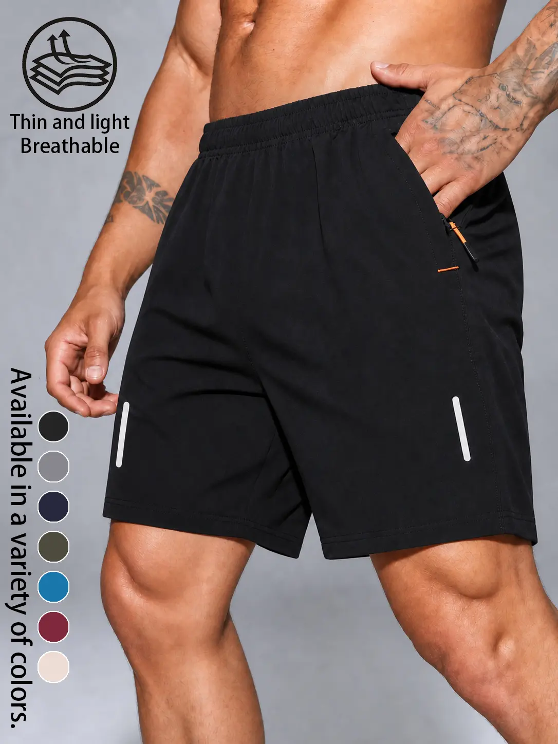 Men’s quick-dry reflective running shorts; breathable, lightweight athletic shorts with zippered pockets; elastic-waist night running fitness shorts; outdoor sports casual shorts; men’s breathable casual shorts suitable for all seasons.