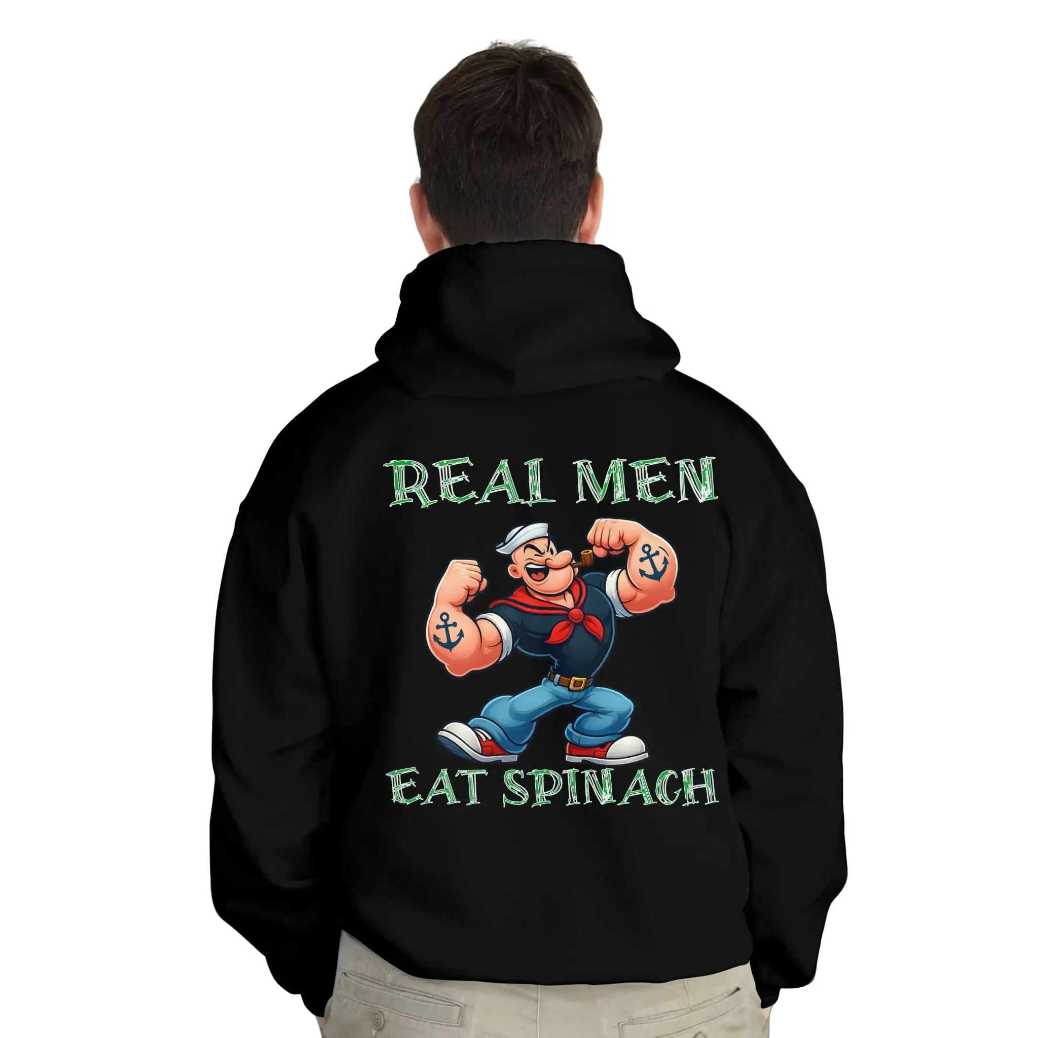 Popeye Gym Hoodie Real Men Eat Spinach Graphic Menswear Custom Cotton Blend Hoodie