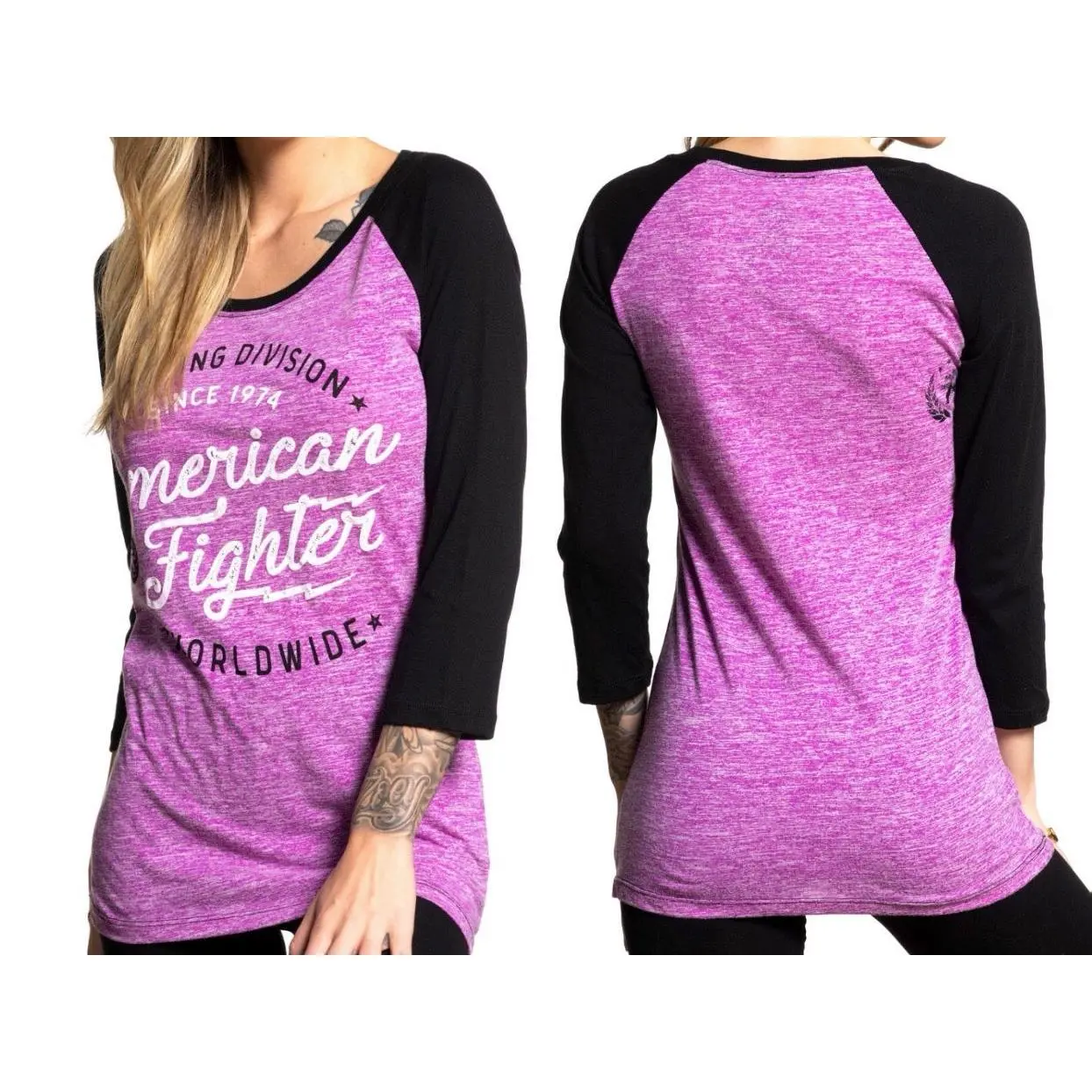 American Fighter Women's Stinger Raglan Biker T-Shirt - Printed Cotton Blend Streetwear Top with Scoop Neck, Tshirt