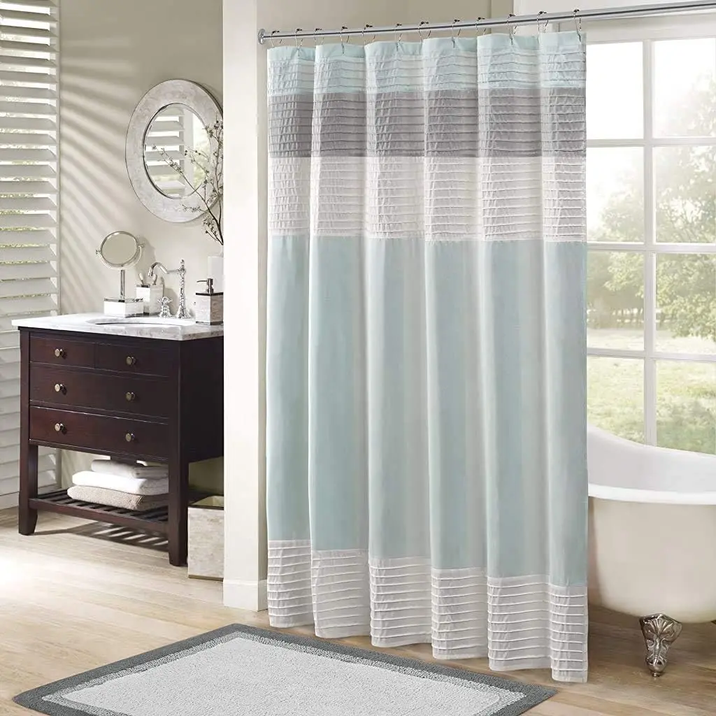 Madison Park Amherst Faux Silk Pieced Striped Modern Fabric Shower Curtain, Polyester Microfiber, 72x72 In Shower Curtain, Shower Curtains