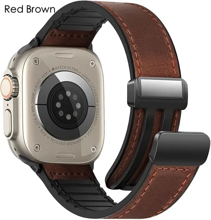 Adjustable Magnetic Leather Watch Band Compatible with Apple Watch Band 49mm 46(S10) 45mm 44mm 42mm/42(S10) 41mm 40mm 38mm Genuine Leather with Magne