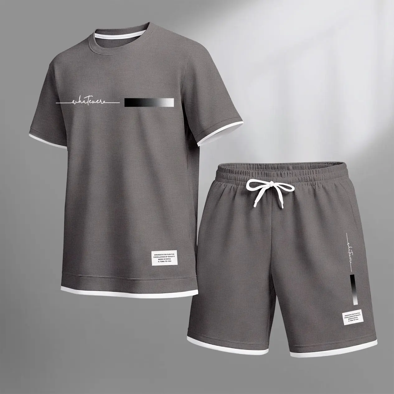 Men's Whatever Letter Print Waffle Fabric Short-Sleeved Shirt And Shorts Set Casual Breathable