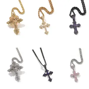 Hip Hop Iced Out Cross Necklace with Rope Chain Cuban Link Design for Men Women AAA+ Champagne Zirconia Pendant Trendy Gothic Diamond Jesus Cross