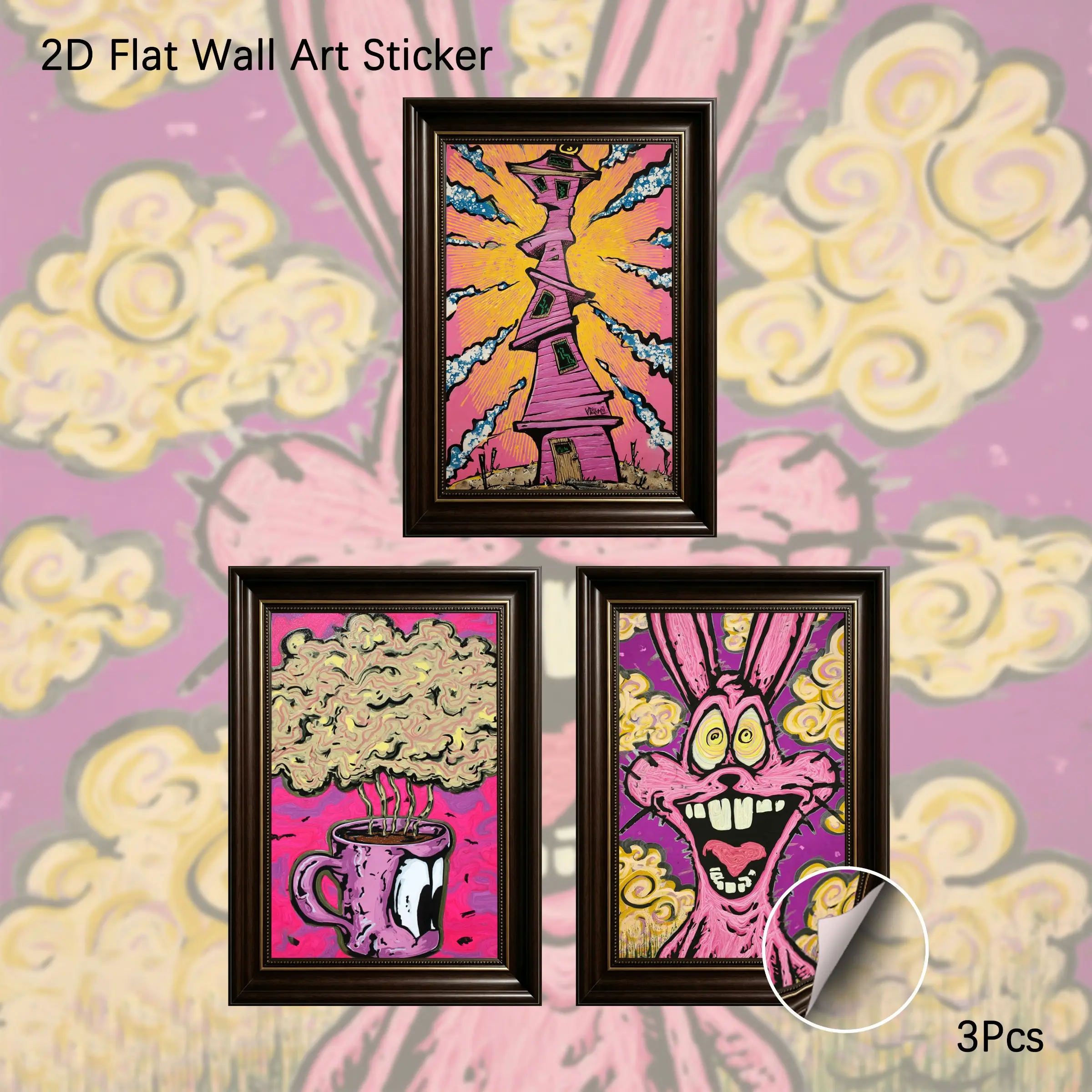 2D Flat Wall Art, 3Pcs PVC Self-Adhesive Framed Wallpaper Sticker, Whimsical Trippy Pink Bunny & Coffee Mug Wall Decals, Psychedelic Cartoon Art Decor for Living Room, Bedroom, Ideal for Quirky Art Lovers & Maximalist Aesthetic Fans