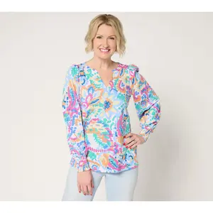 Belle by Kim Gravel Slub Knit Smocked Sleeve Printed Top