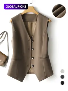 Women's Solid Button Front Vest Blazer, Elegant Fitted V Neck Pocket Suit Vest For Work Office Business, Ladies Spring & Fall Clothes, Modern Easy Wear Womenswear