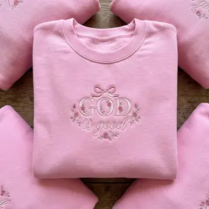 [Embroidered] God is Good Embroidered Sweatshirt, Christian Floral Bow Crewneck, Religious Gift for Women, Faith Based Aesthetic Apparel