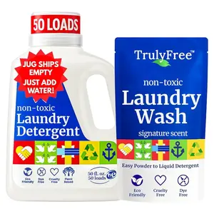 Truly Free Natural Laundry Detergent for Sensitive Skin | Eco Friendly, Plant Based, Baby Clothes Safe | Clean & Easy Powder to Liquid, 1 Pack Detergent + 1 Refillable Jug | Signature Scent, 50 Loads