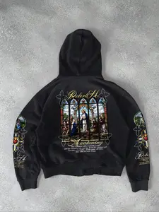 Men's Hooded Zipper Sweatshirt, Graphic Print Hoodie, Fall & Winter Casual Loose-Fit Cotton Pullover, Vintage Jesus Cross Print, Daily Wear Gift