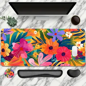 4PC Bright Floral Pattern Mouse Pad With Wrist Support Set, For Women Large Gaming Mouse Pads Desk Mat, 2D HD Print Non-Slip Rubber Base, Size XXL Keyboard Pad Mouse Mat Suitable Office And Home, Mouse Pad For Desk, Cute Mouse Pad, Large Desk Coverage