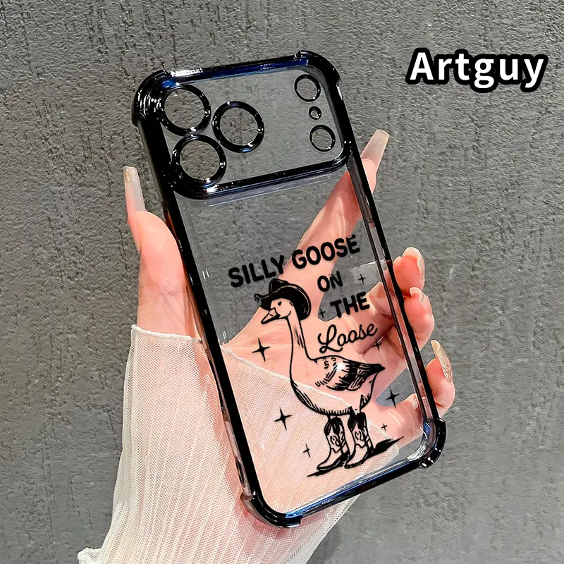 Four Corner Anti-Fall Silly Goose Pattern Phone Case for iPhone 17 Pro Max  16 Air 15 Plus 14 13 12 11 E Shockproof Transparent Electroplated  Protective Cover - TikTok Shop