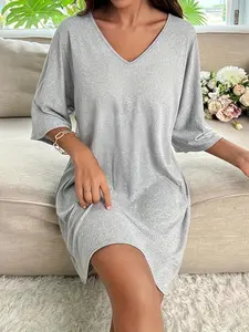 Women's Solid Color V Neck Nightdress, Casual Soft Comfortable Nightgown for All Seasons, Ladies Sleepwear for Indoor Wear, Glam Lounge Wear, Nighty Dress