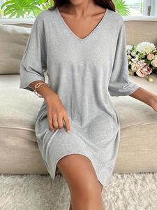 Women's Solid Color V Neck Nightdress, Casual Soft Comfortable Nightgown for All Seasons, Ladies Sleepwear for Indoor Wear