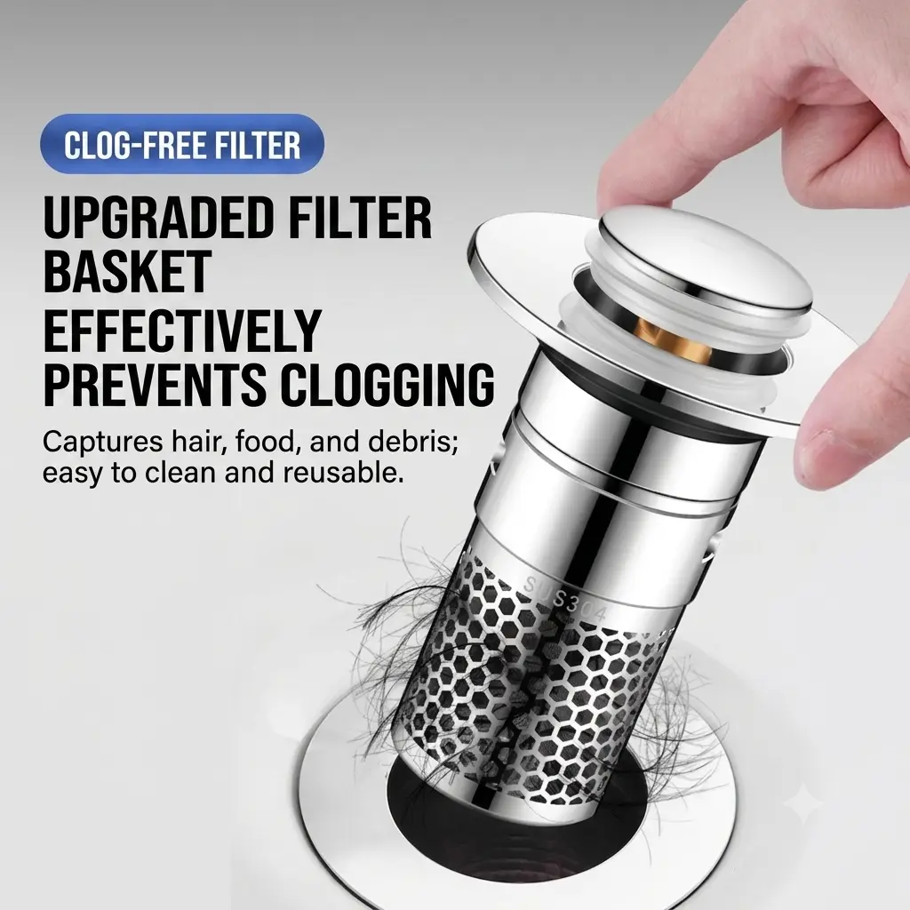 Bathroom Sink Stopper Hair Catcher, Pop Up Drain Strainer with Stainless Steel Filter Basket, Anti-Clog Sink Drain Filter, Odor Proof Easy Clean Sink Plug for Bathroom & Kitchen