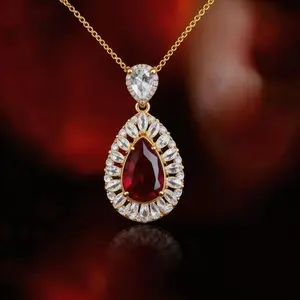 Gold-Tone Ruby-Red Teardrop Pendant | Marquise-Cut CZ Halo Necklace Dainty Women’s Gift Fashion Jewelry