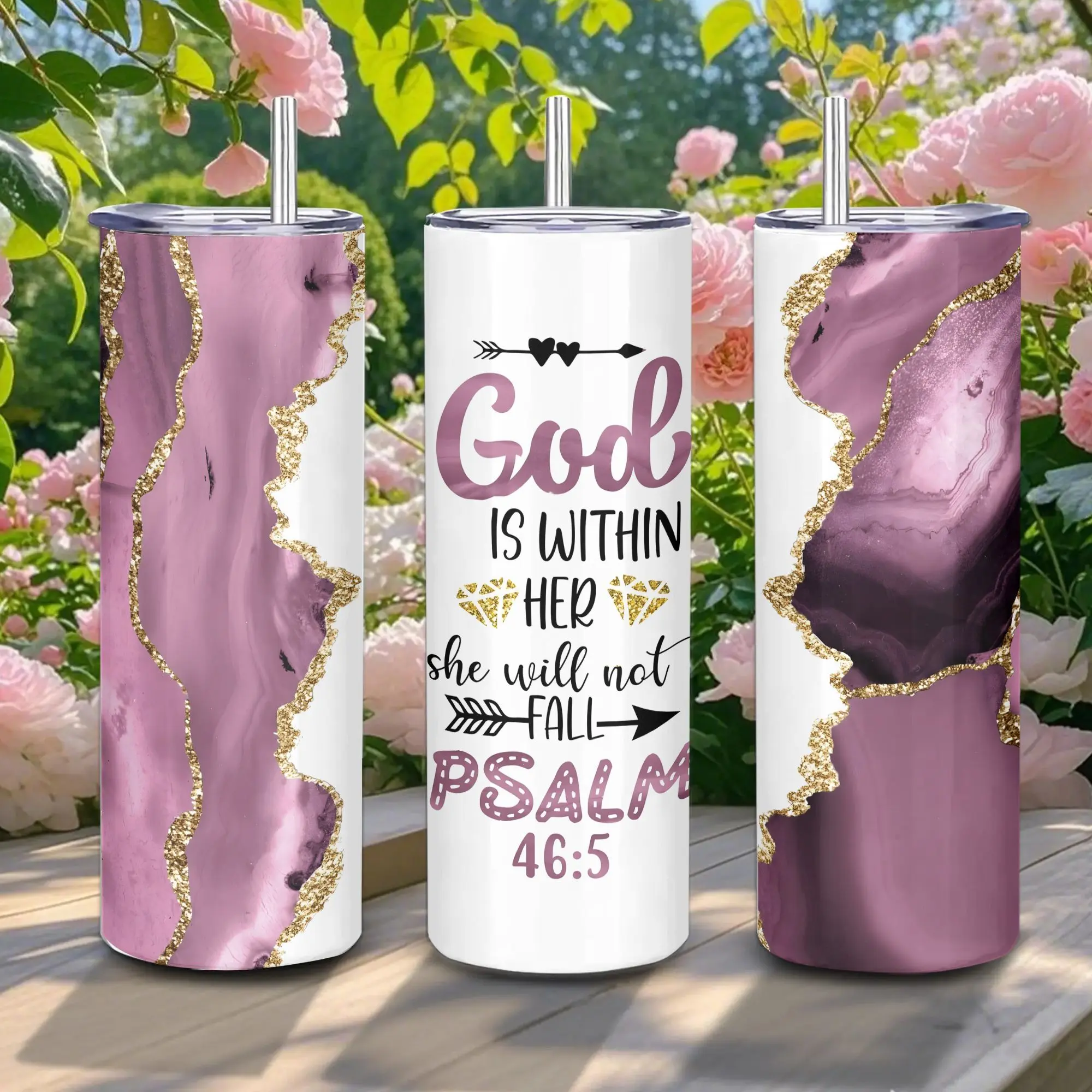 Faith Choice God is Within Her Psalm 46:5 20oz Stainless Steel Insulated Cup with Straw, Lid & Vacuum Insulation - Portable Lightweight Drinkware for Home, Office - Boyfriend Gift for Summer Coffee