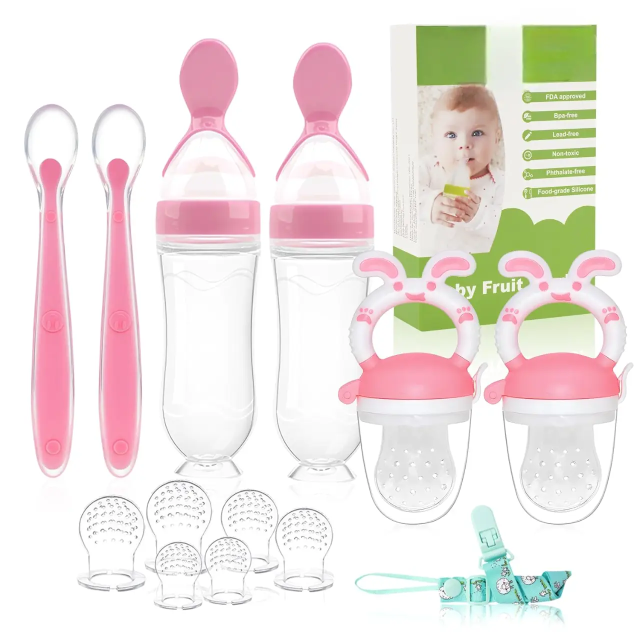 Baby Fruit Feeder Pacifier - Baby Fruit Food Feeder & Baby Food Dispensing Spoons, Fun Mess-Free Fun for Babies, Pink-Rabbit Silicone