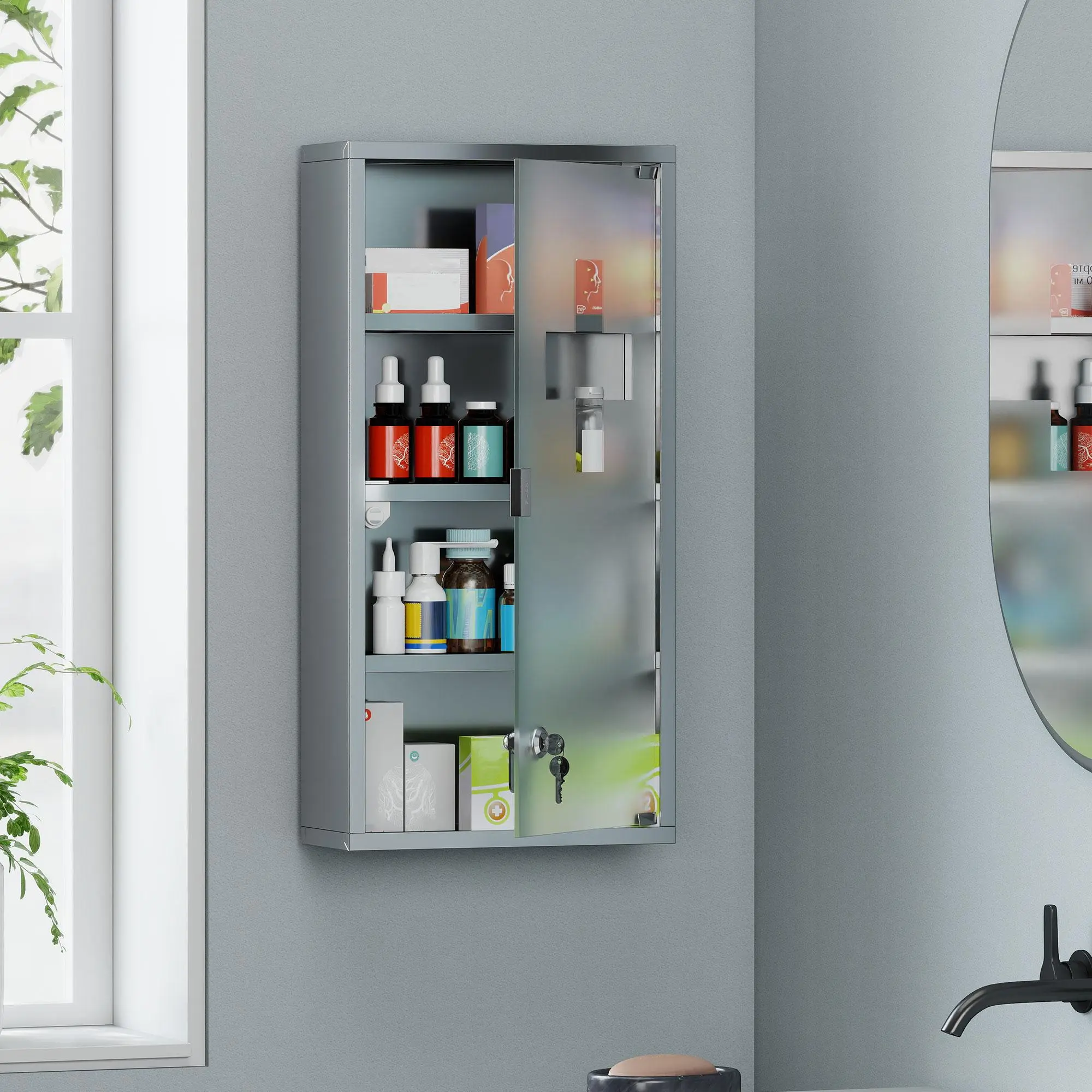 12" x 24" Lockable Medicine Cabinet, 4 Tier Stainless Steel Medical Wall Box with 2 Keys and Shelves for Bathroom