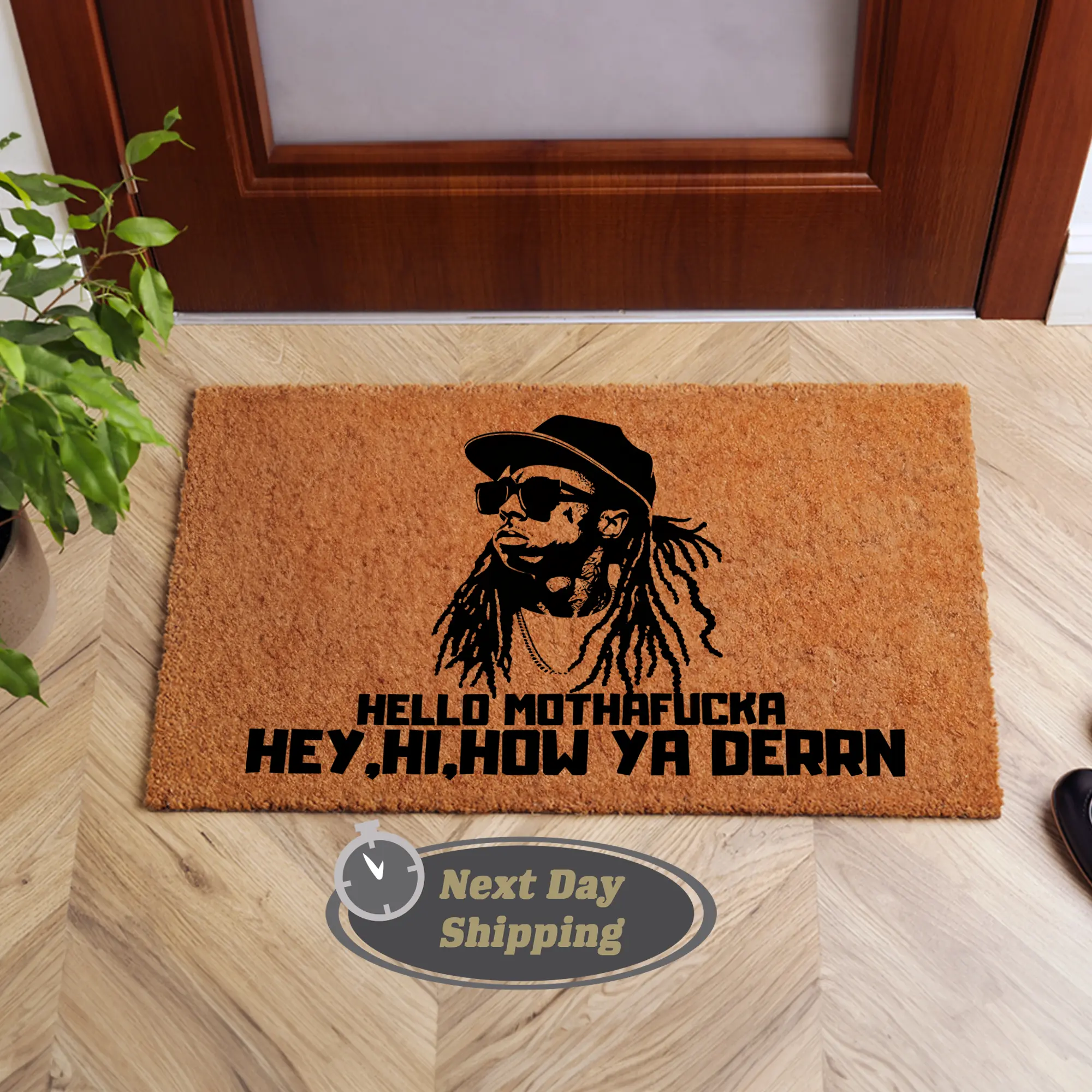 Funny Doormat – “Hello Mothafucka, Hey Hi How Ya Derrn” Hip Hop Inspired Welcome Mat, Unique Front Porch Decor, Outdoor/Indoor Coir Rug, Cool Housewarming Gift, Music Lover Home Entryway Mat, Durable Non-Slip Backing, Next Day Shipping