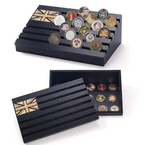 Wooden Military Challenge Coin Display Organiser with Storage Box and UK-Engraved Flag - Artista Vision Black