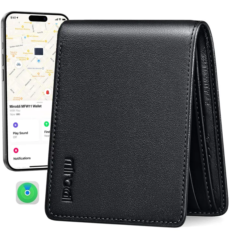 Mens Wallet with Tracker for IPhone Find My, 100% Genuine Leather RFID Blocking Slim Bifold Front Pocket Minimalist Wallet for Men Credit Card Holder Smart Wallet for phone16/15/14/13/12 ProMax SummerWins