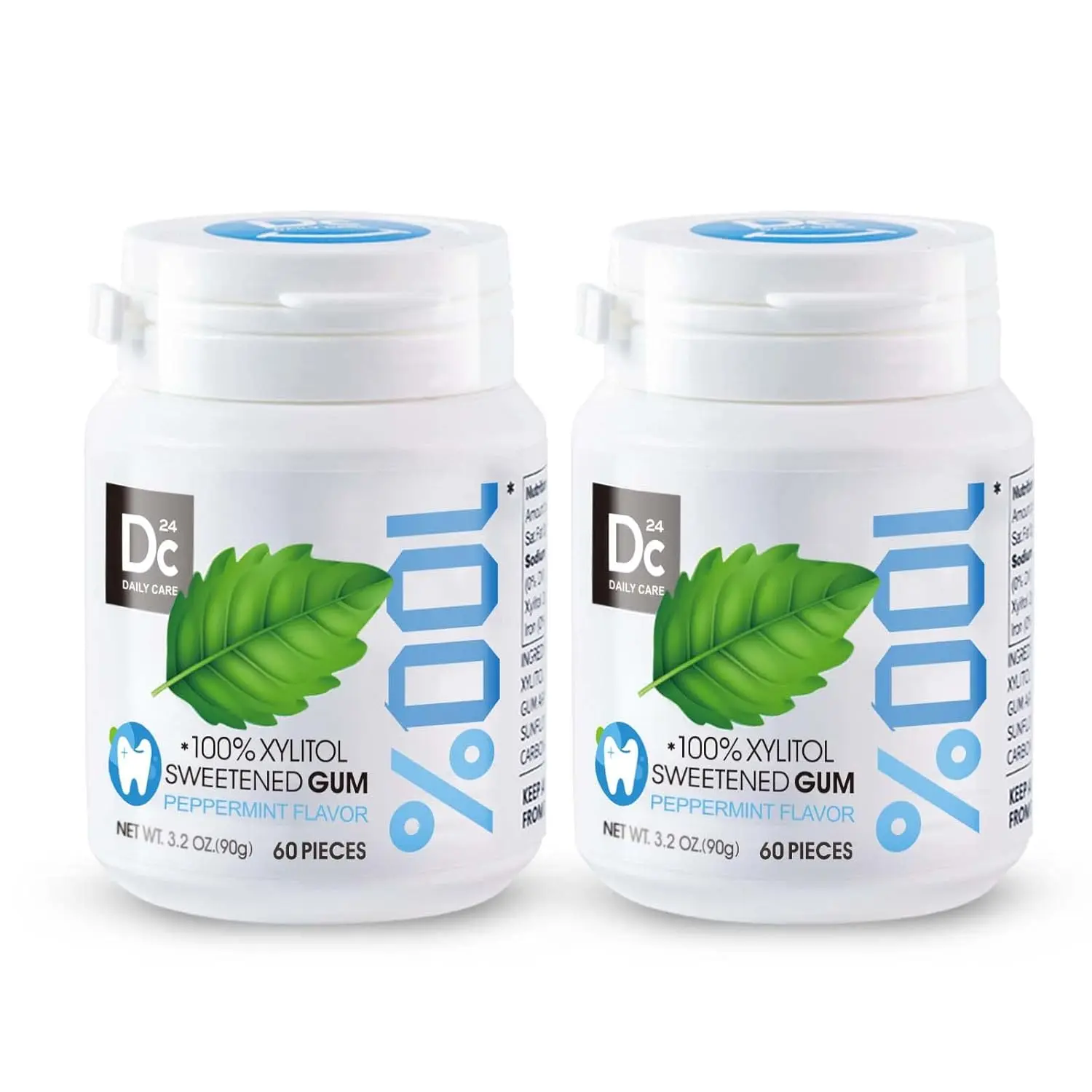 DC24 DAILY CARE 100% Xylitol Gum, No Aspartame, Sugar Free Peppermint Chewing Gum, Natural Flavors, Gluten Free, Vegan, 60 Pieces, Pack of 2