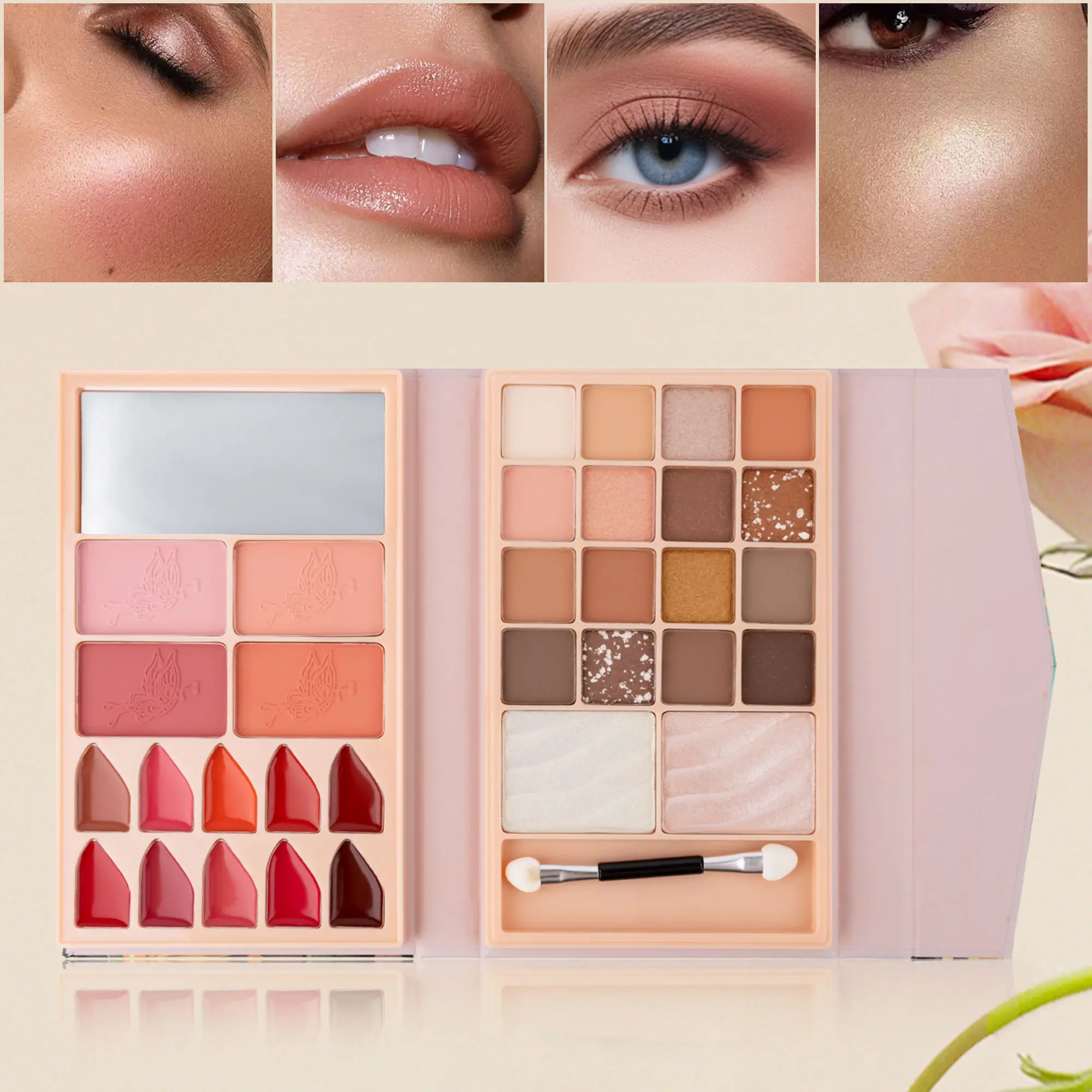 Portable Makeup Book Palette, Mixed Color System, Paste Item Form, with Blush, Eyeshadow, Lipstick, High-Gloss Compact Cosmetic Kit