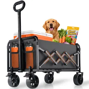 360LBS Collapsible Wagon Cart with Wheels - Heavy Duty Folding Wagon Carts for Grocery, Lightweight Utility Wagon with All-Terrain Wheels & 2 Cup Holders, Portable Beach Wagon for Shopping Garden